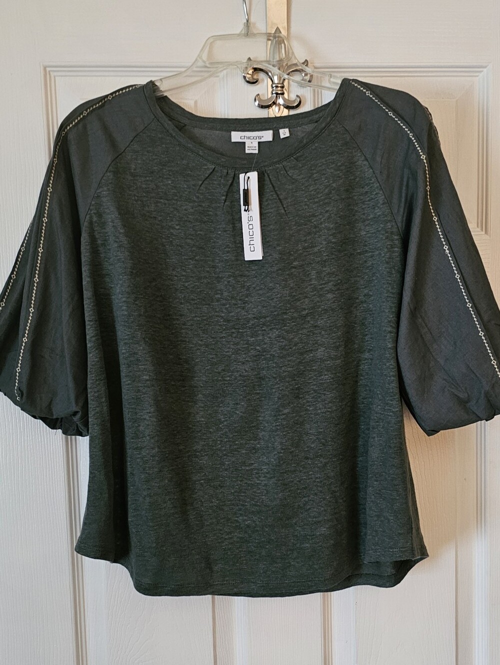 Chicos Womens Linen Puff Sleeve Top Boho